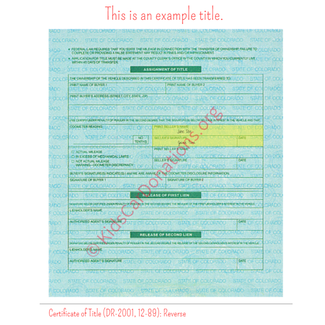 This is an Example of Colorado Certificate of Title (DR-2001, 12-89) Reverse View | Kids Car Donations